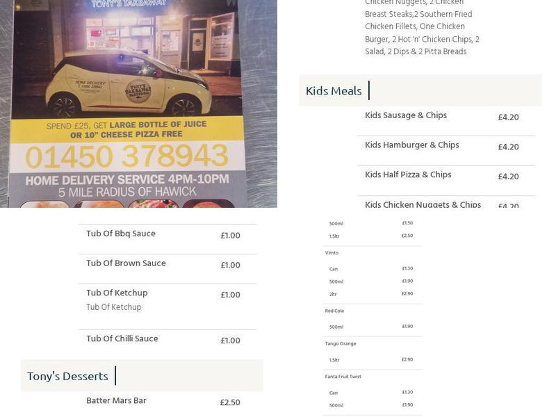 Tony's Takeaway Hawick Menu