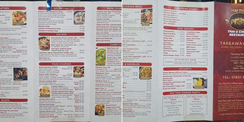Mai Thai Menu