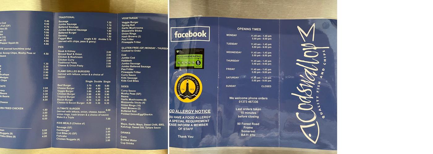 Codswallop Fish & Chips Menu