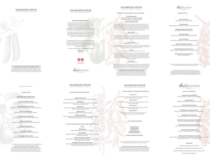 Cloisters Restaurant Menu