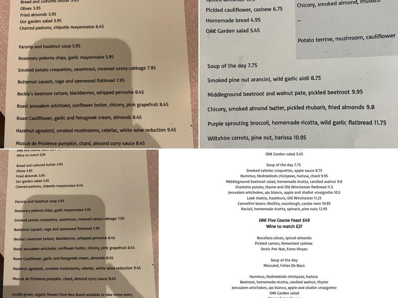 OAK Restaurant Menu