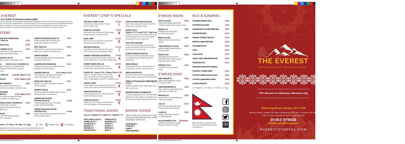 The Everest Nepalese & Indian Restaurant Menu