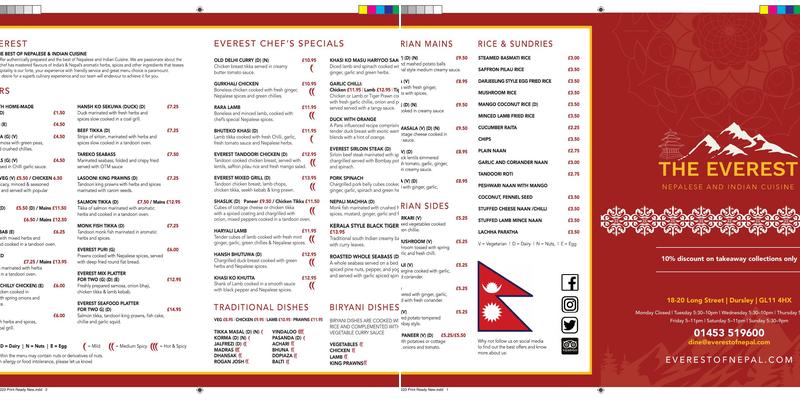 The Everest Nepalese & Indian Restaurant Menu