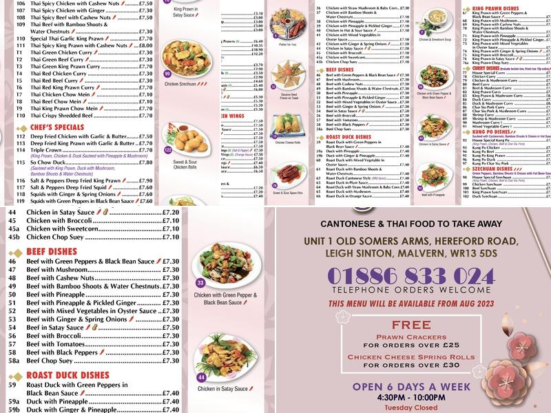 Leigh Sinton Chinese Take Away Menu