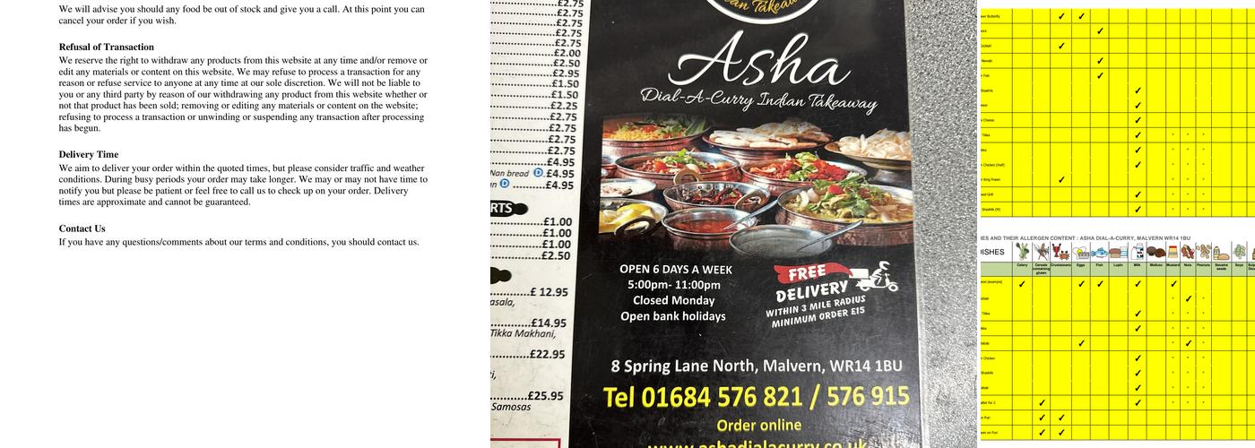 Asha Dial-A-Curry and Indian Takeaway Menu