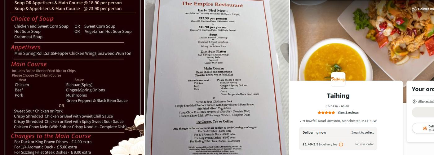 Taihing Restaurant Urmston Menu