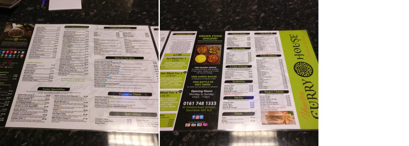 Urmston Curry House Menu