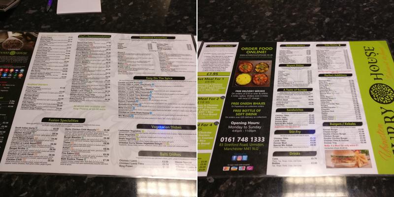 Urmston Curry House Menu
