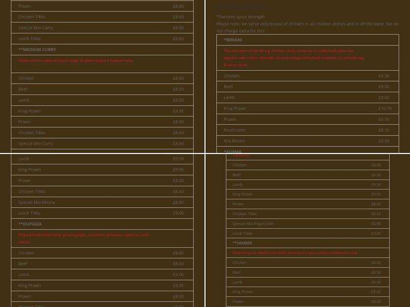 Mizan Tandoori Menu