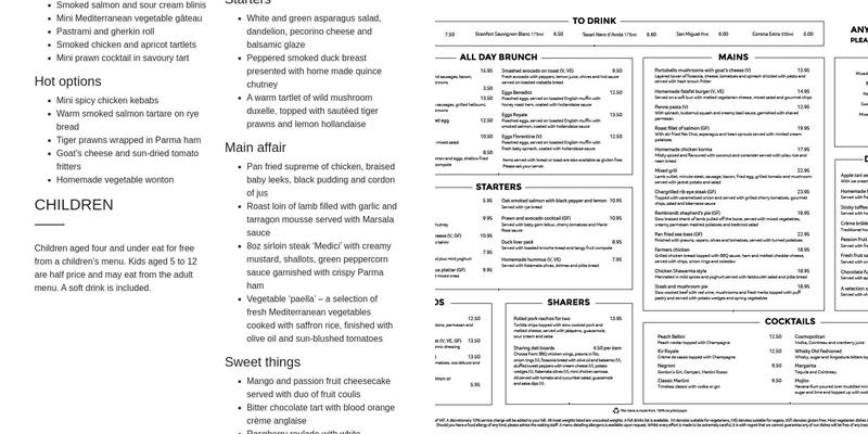 Palette Restaurant Menu