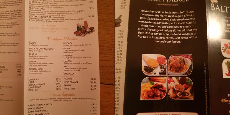 Balti Palace Menu