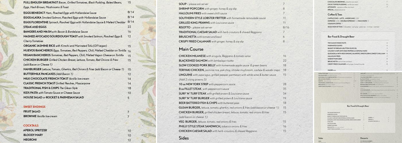 The Glean Restaurant & Bar Menu