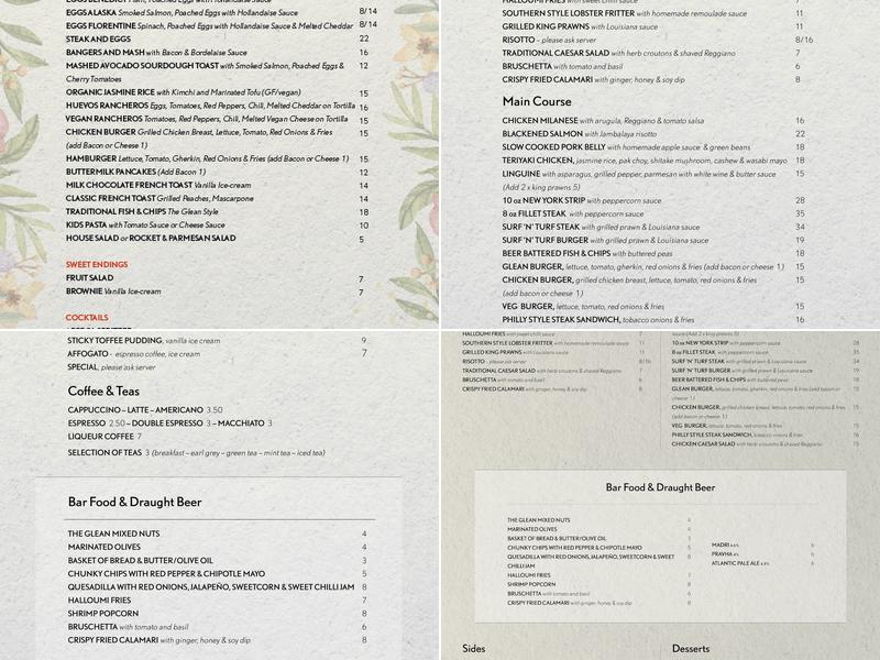 The Glean Restaurant & Bar Menu