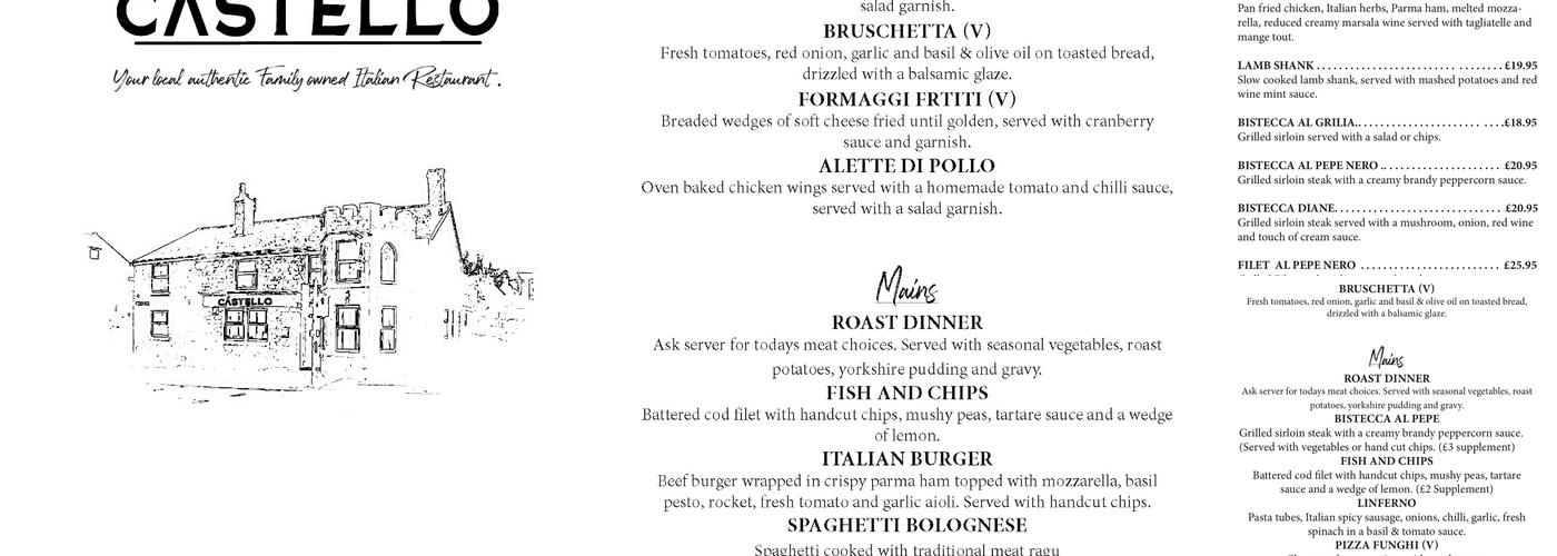 Castello Cafe Bar Restaurant Menu