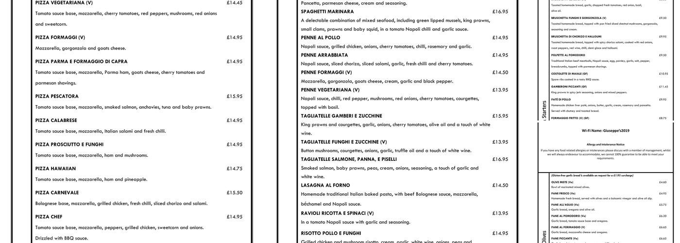 Giuseppe's Restaurant and Bar Menu