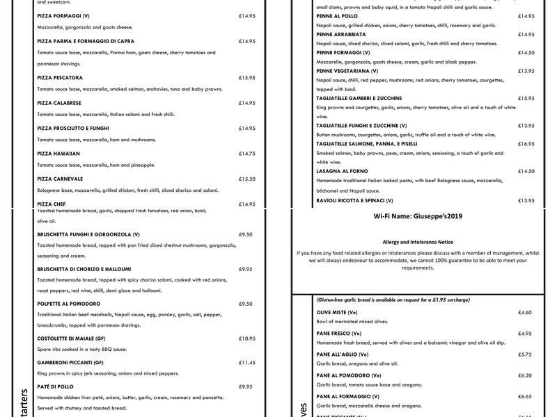 Giuseppe's Restaurant and Bar Menu