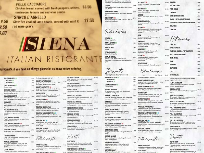 Siena restaurant Swinton Menu