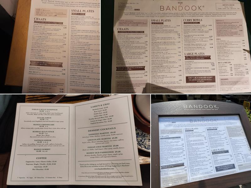 Bandook - Indian Restaurant, Bath Menu