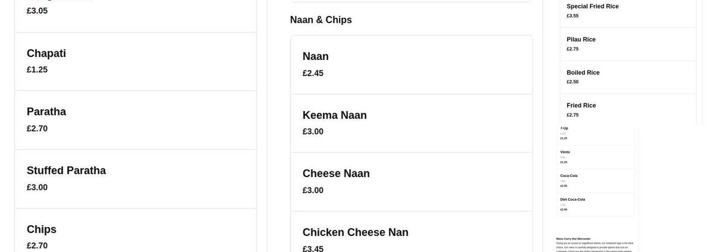 Curry Hut Worcester Menu