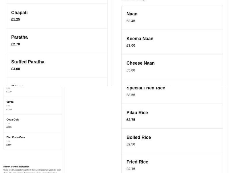 Curry Hut Worcester Menu