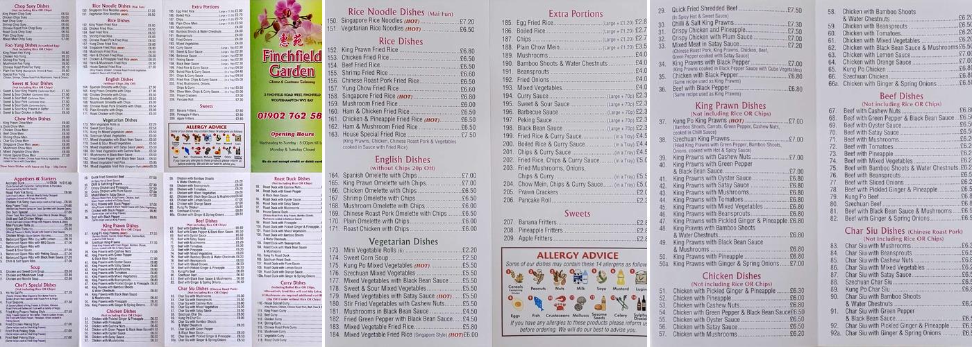 Finchfield Gardens Menu