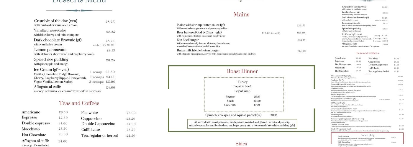 Egerton Arms, Astbury Menu