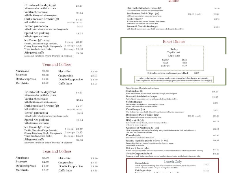 Egerton Arms, Astbury Menu