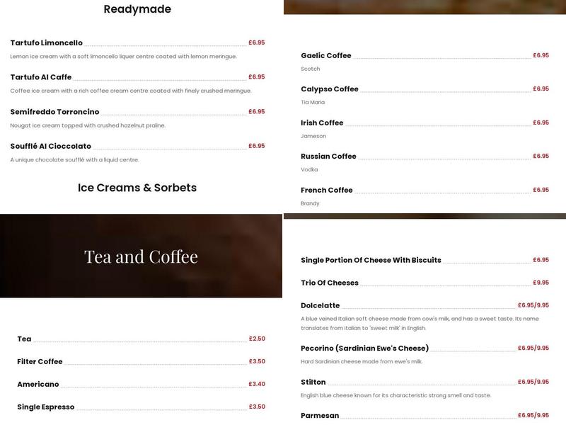 Alghero Restaurant Menu