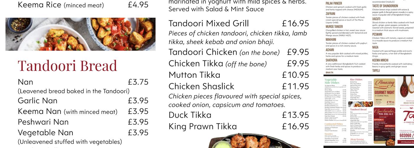 Taj of Corfe Mullen Menu