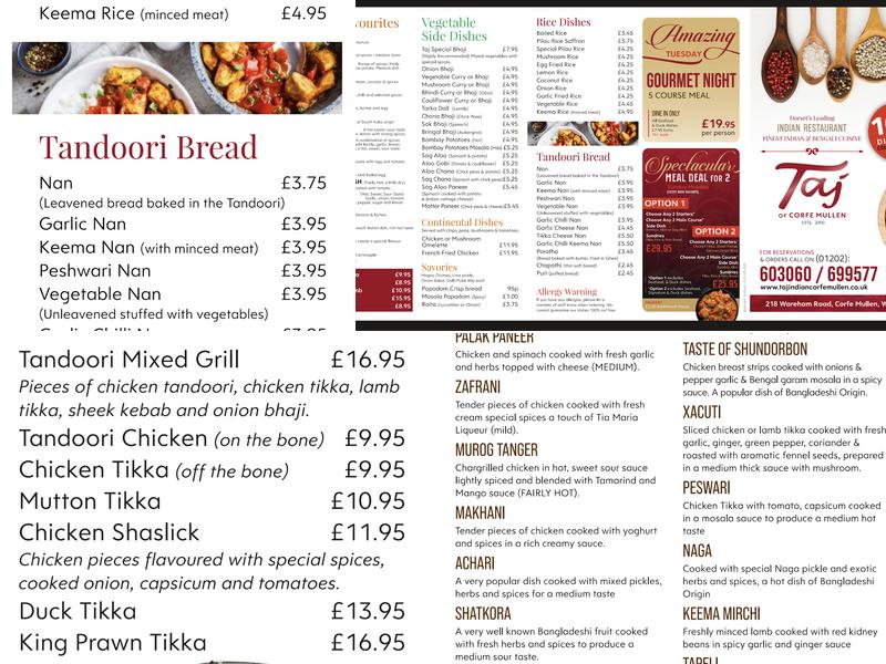 Taj of Corfe Mullen Menu