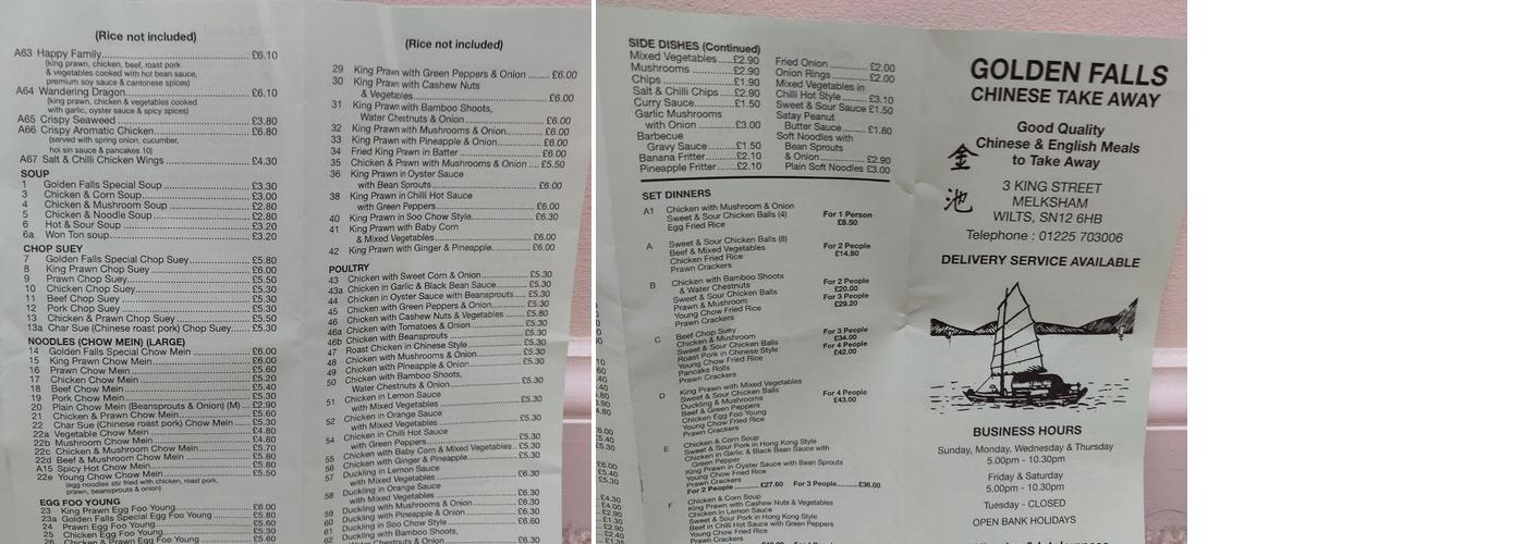 The Golden Falls Menu