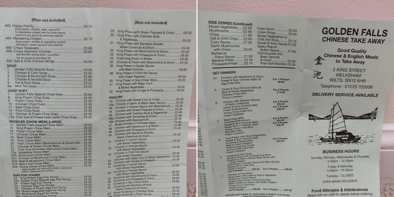 The Golden Falls Menu