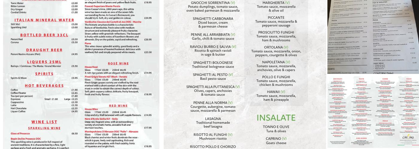 Julius Caesar Italian Restaurant Menu