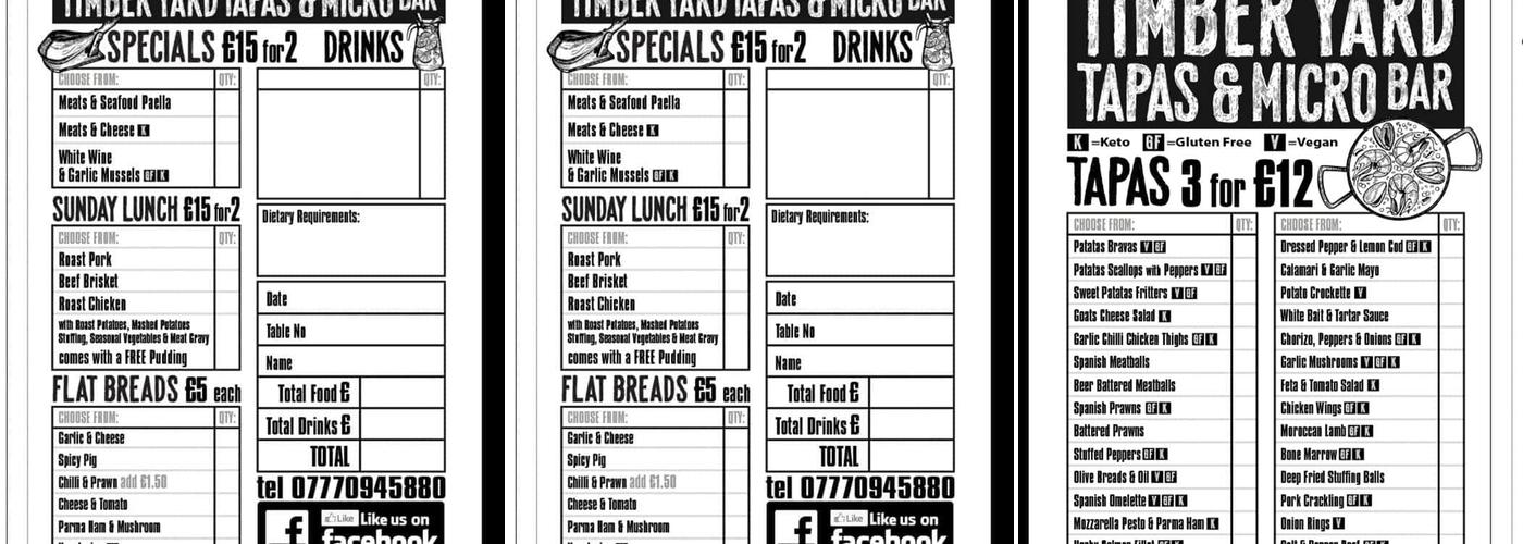 The Timberyard Tapas and Micro Bar Menu