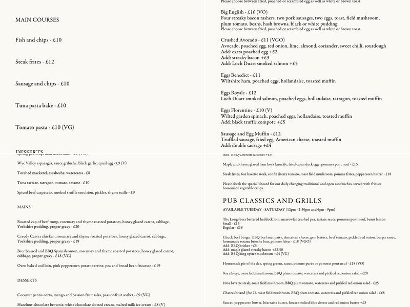 The Longs at Steeple Ashton Menu