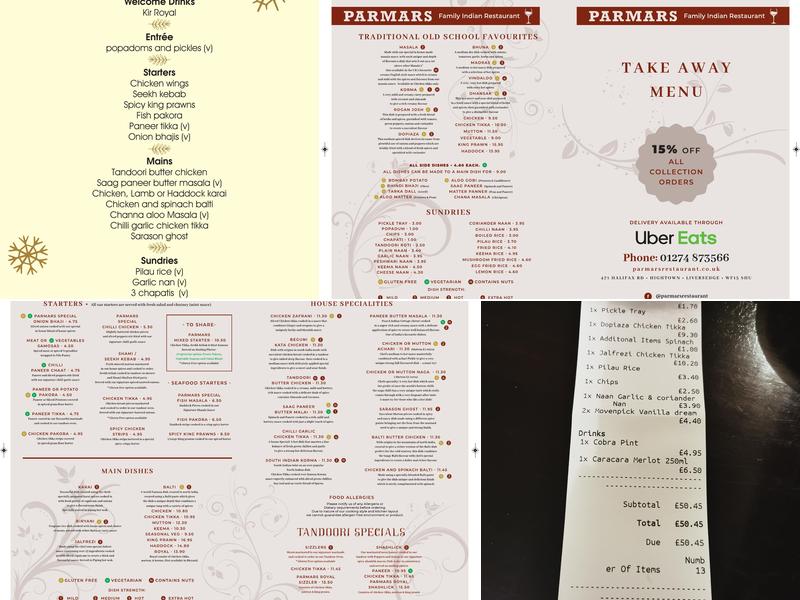 Parmars Indian Restaurant & Bar Menu