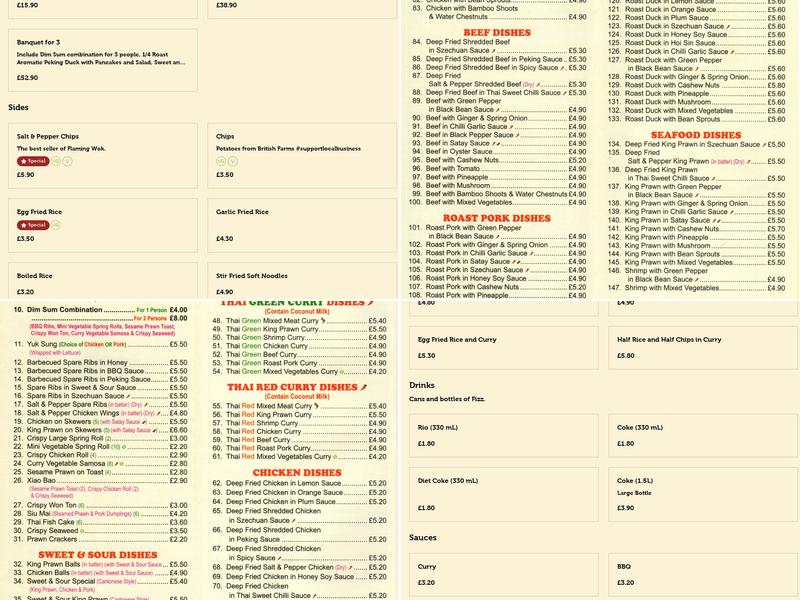 Flaming Wok Takeaway Menu