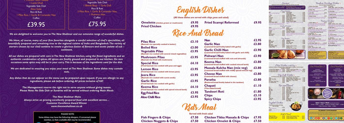 The Shalimar Restaurant Menu