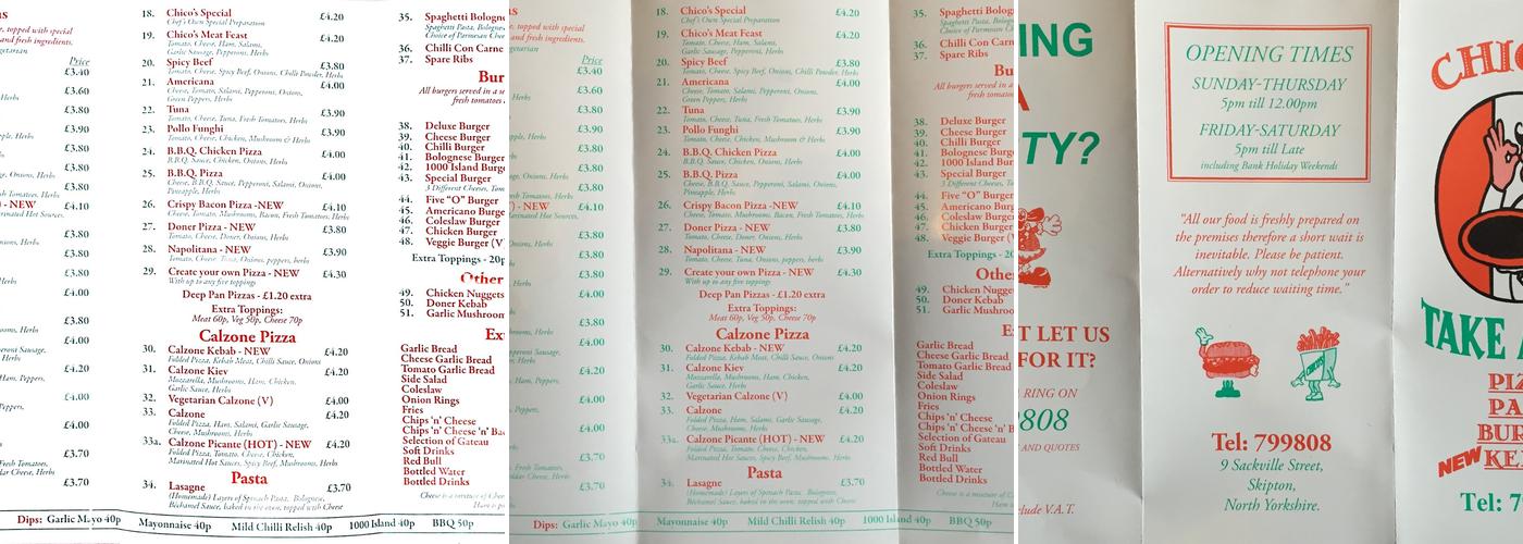 Chicos Takeaway Menu