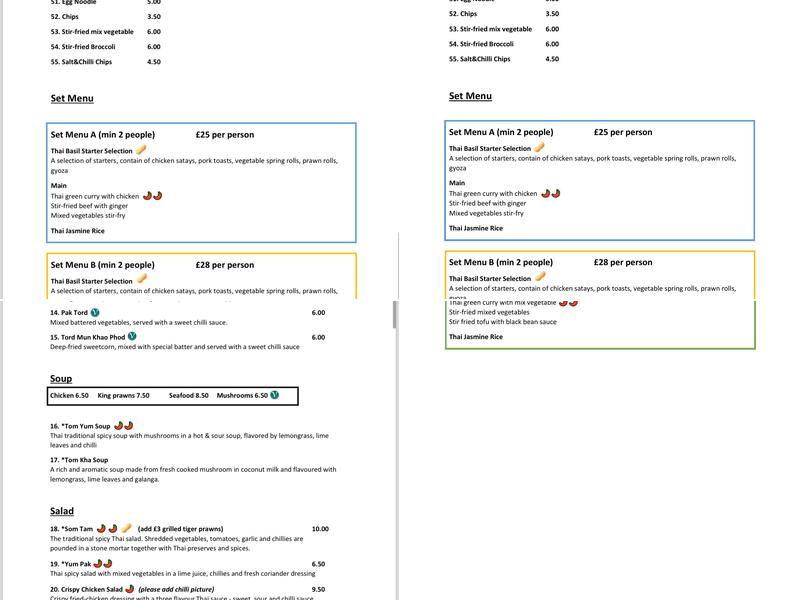 Thai Basil Skipton Menu