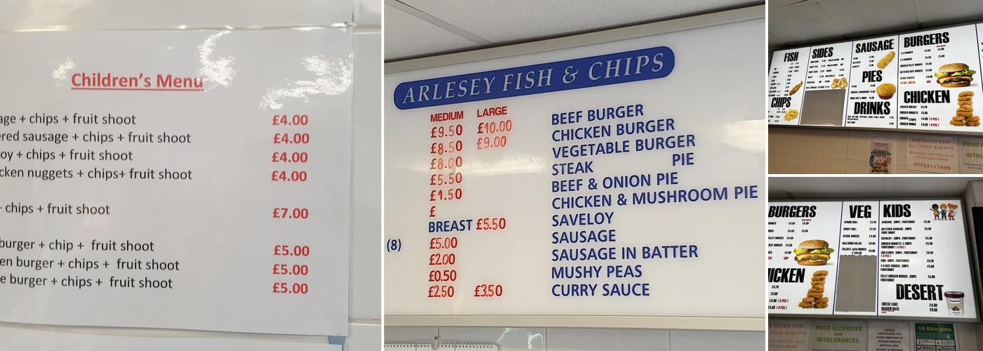 Arlesey fish and chips Menu