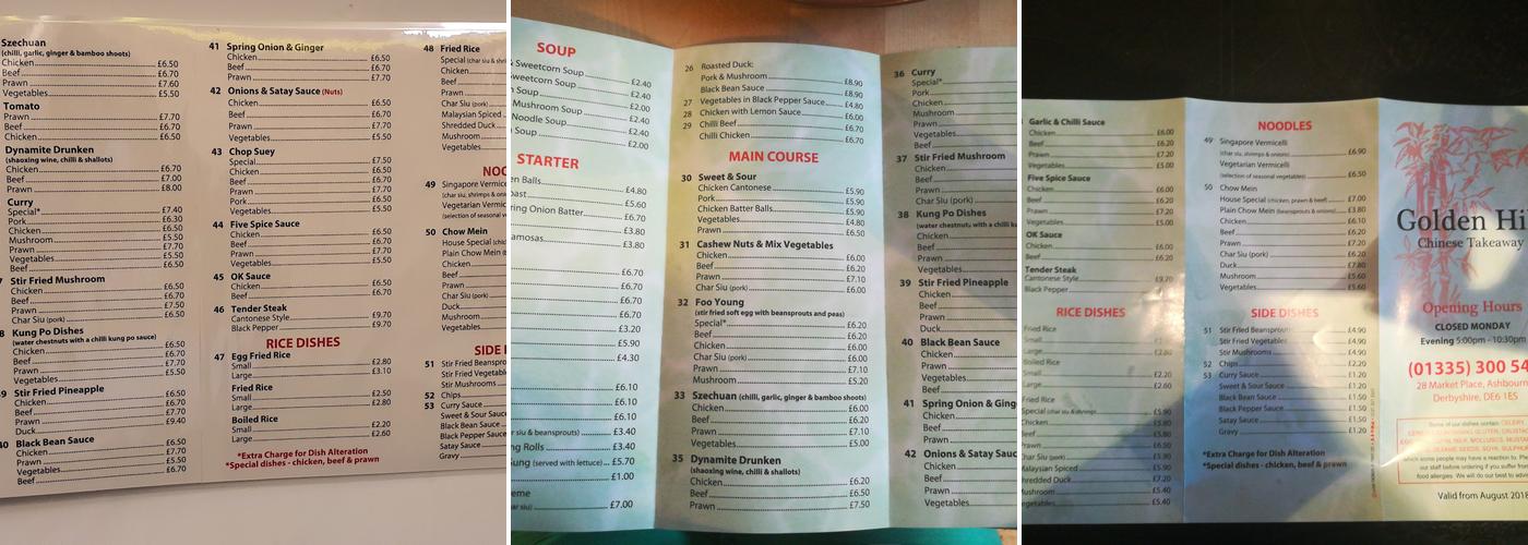 Golden Hill Chinese Takeaway Menu