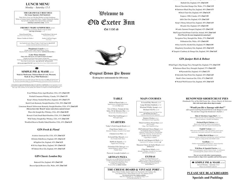 Old Exeter Inn Menu