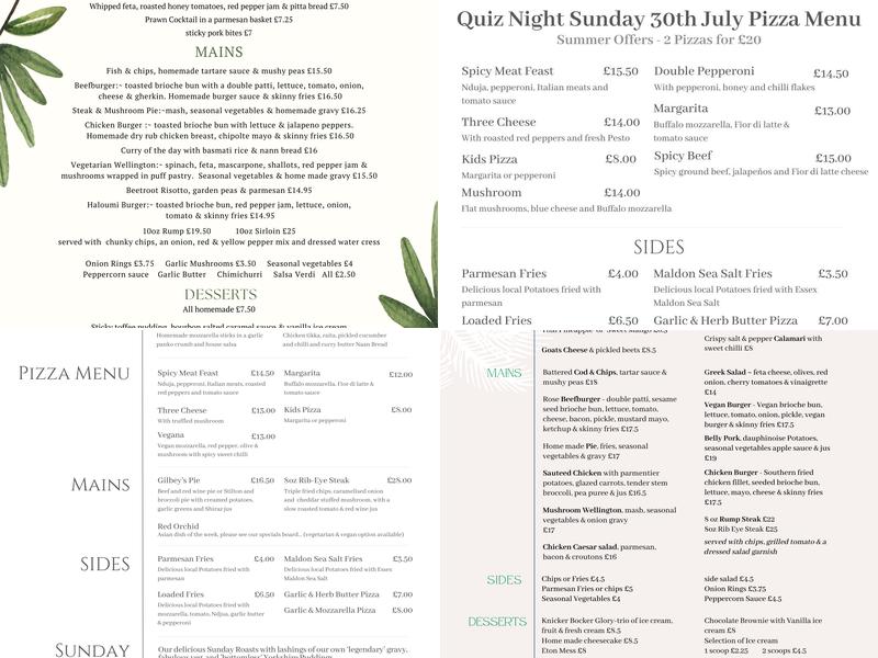 The Rose & Crown Menu