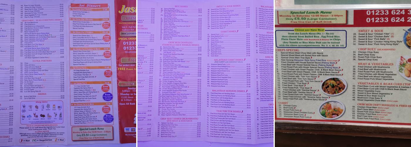 Jasmine Chinese takeaway Menu