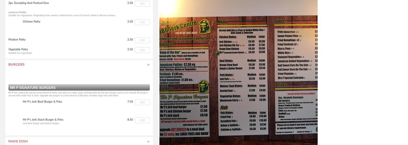 Mr P's bbq jerk Centre Menu