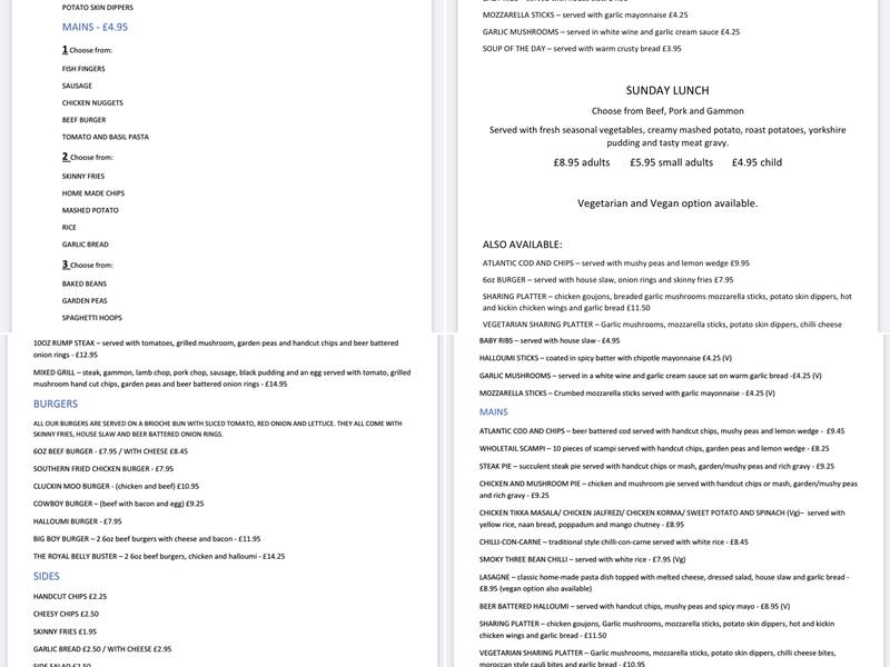 The Royal Hotel Menu