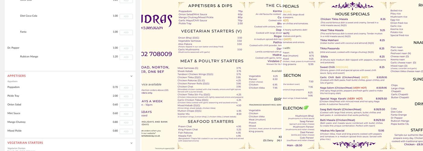 Madras Indian Takeaway Menu