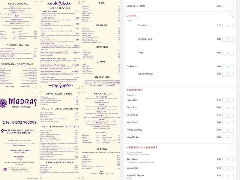Madras Indian Takeaway Menu