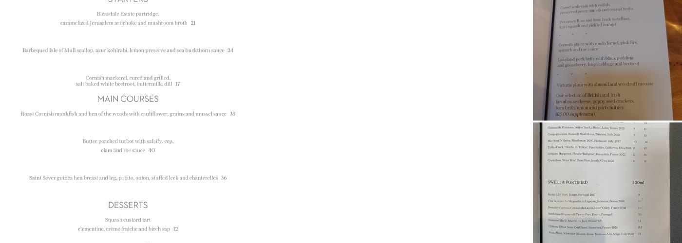 The Barn at Moor Hall Menu